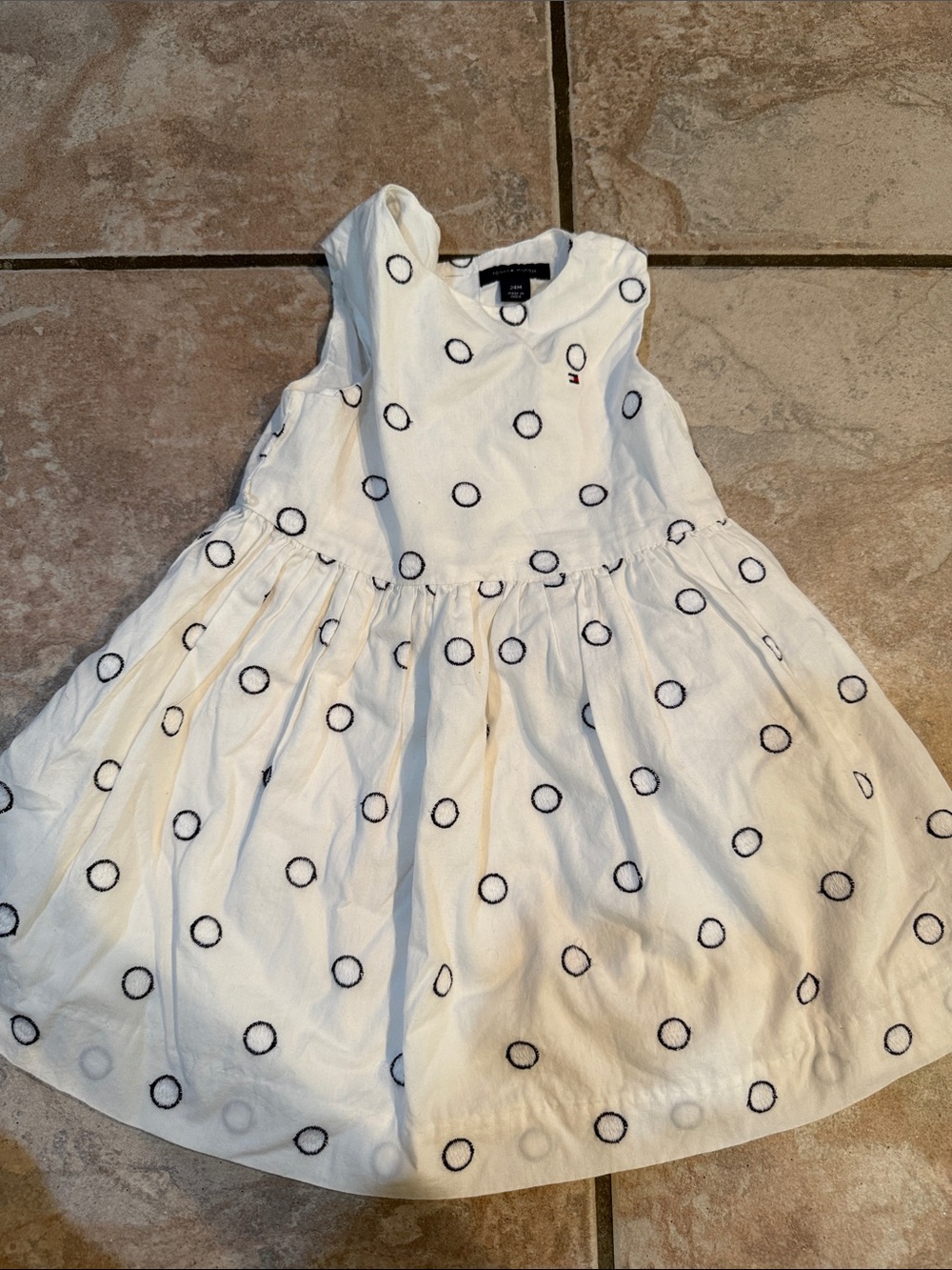 Tommy Hilfiger White Cotton Dress with Navy Circle Embroidery